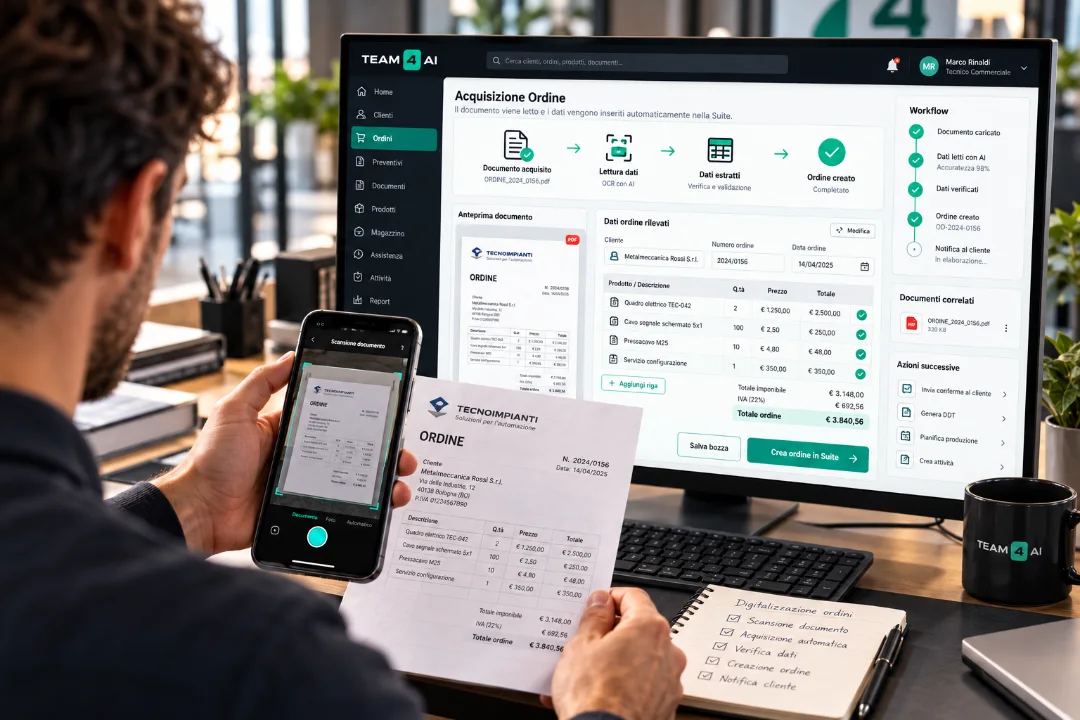 Acquisizione ordine con TEAM4AI Suite: documento scansionato e dati letti
