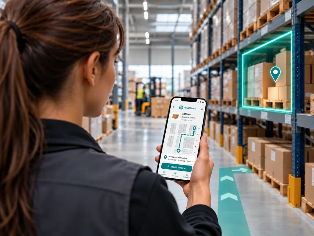 Operatrice in magazzino con Visual Stock sullo smartphone